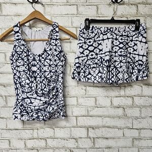 Women's 2 Piece Swimsuit Racerback Top Skirt Bottom White/Navy Size M
